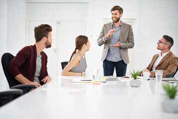 Meeting, business people and man for presentation in office for annual report, collaboration and update. Career, corporate team and hr manager for training, coaching and discussion with coworkers