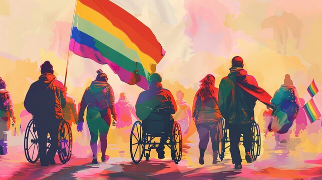 Disabled gay people in wheelchairs celebrating pride festival in the summer with rainbow flags and confetti street party with crowd. Copy space pride inclusion and diversity banner