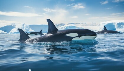 Obraz premium Groups of Orcas or killer whales swim and hunt for prey, the top of the food chain in a sea of ​​ice floes