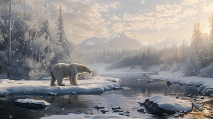 Winter atmospheric landscape featuring a majestic polar bear, surrounded by frost-covered scenery in a serene arctic environment.
