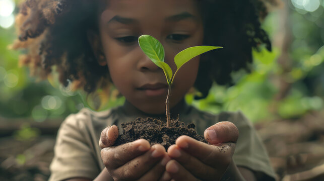 An African American child holds a tree sprout with soil in his hands. Symbolizing eco-friendliness and connection to nature, the importance of environmental protection and ecology awareness.