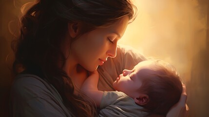 A tender portrait of a mother cradling her newborn baby, their faces bathed in soft light as they share a moment of quiet bonding and affection.