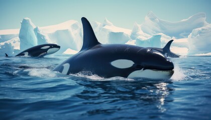 Fototapeta premium Groups of Orcas or killer whales swim and hunt for prey, the top of the food chain in a sea of ​​ice floes