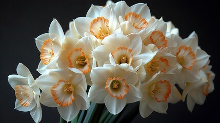   A vase filled with white and orange flowers is set against a black backdrop