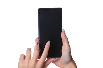 Woman holding a phone with a blank screen against a white background.
