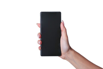 Woman holding a phone with a blank screen against a white background.