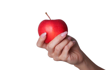 Woman's hand gripping a red apple on a clean white backdrop.