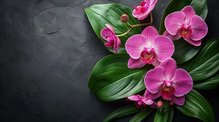   A stunning bouquet of pink orchids on a dark background with space for text or images