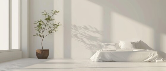 Clean minimalist bedroom featuring a bed and a small potted plant