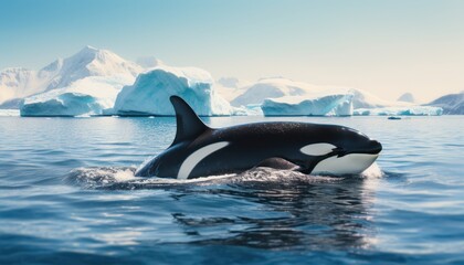 Naklejka premium Groups of Orcas or killer whales swim and hunt for prey, the top of the food chain in a sea of ​​ice floes