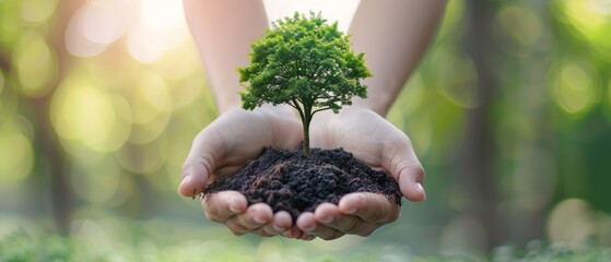 Closeup of hands holding a delicate tree with soil, emphasizing the nurturing aspect of gardening