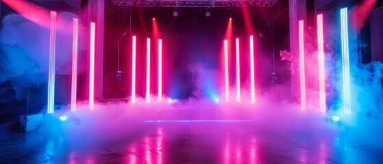 Contemporary stage with bright neon lights and fog, setting a futuristic tone for live events
