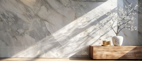 Elegant marble pedestal featuring light gray and gold patterns, placed on a wooden base, with a marble wall backdrop and sunlight adding warmth and dimension