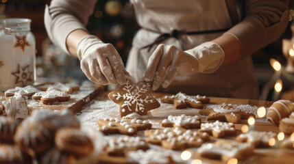 Hands delicately icing a snowflake gingerbread cookie in a festive setting. - Powered by Adobe