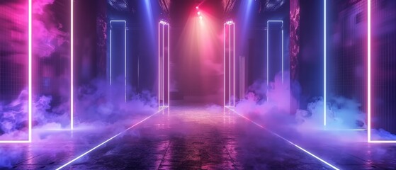 Futuristic stage design with bright neon lights and fog effects, ideal for performances