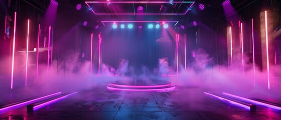 Futuristic stage with bright neon lighting and fog effects, ideal for live performances