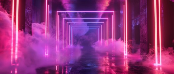 Futuristic stage with pulsating neon lights and atmospheric smoke, perfect for technologythemed presentations