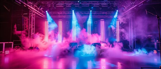 Highenergy stage setup with glowing neon lights and billowing smoke, ideal for electronic music events