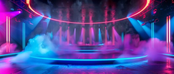 Highenergy stage with colorful neon lighting and swirling smoke, ideal for futuristic performances