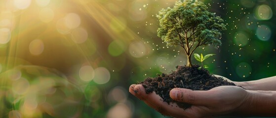 Fototapeta premium Holding a delicate tree with soil in hands, focusing on growth and environmental care