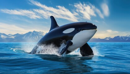 Obraz premium Groups of Orcas or killer whales swim and hunt for prey, the top of the food chain in a sea of ​​ice floes