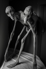horror art, two slender grey creatures, no facial features, extremely long skinny arms and legs, long limbs reach all over room, aliens, creepy, horror, photorealistic // ai-generated 