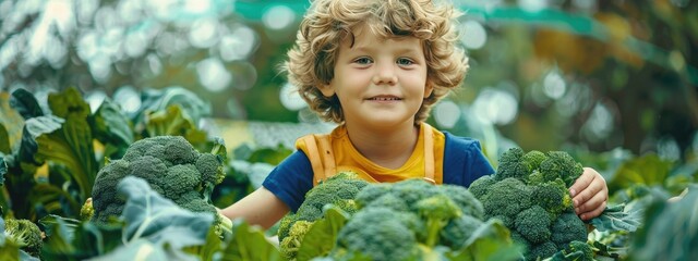 a child is picking broccoli. Selective focus