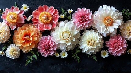   A detailed shot of several flowers resting atop a dark background, featuring a solitary blossom in the foreground