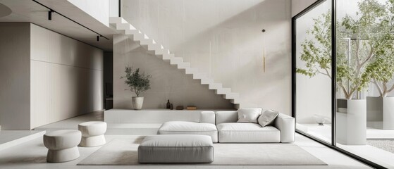 Minimalist living area with a grey sofa and white walls