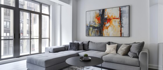 Minimalist living room with a gray sectional sofa, a simple coffee table, and a large window, creating an airy and uncluttered feel