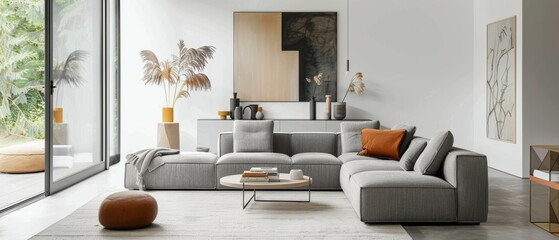 Minimalist living room with a gray sofa, a simple coffee table, and a large window, creating an airy and uncluttered feel