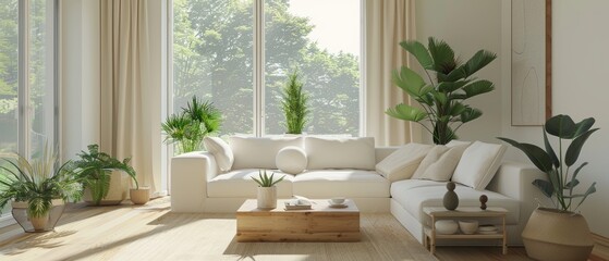 Minimalist living space with a white sofa, a small coffee table, and a single piece of wall art, creating a clean and inviting atmosphere