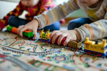 Children hands playing with a toy train set on a carpet capturing the joy of imaginative play