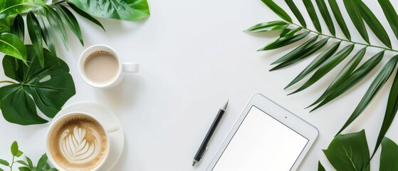 Minimalist white background featuring a notepad, coffee cup, tablet, and green leaves, showcasing a productive workspace