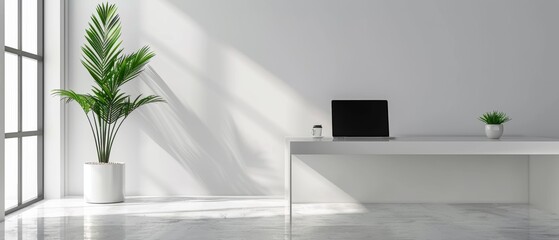 Minimalist workspace with a sleek white desk, a laptop, and a single potted plant, set against a plain wall for a clean and focused environment
