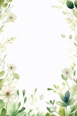 Fototapeta premium An elegant watercolor floral frame featuring delicate white and cream flowers, and lush green leaves