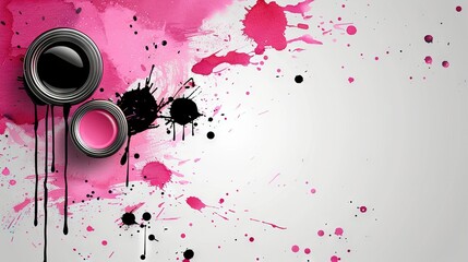  Pink and black paint splattered on a white background, featuring a speaker on the left side