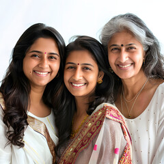 Three generations of indian asian females family smiling and looking at camera isolated on white...