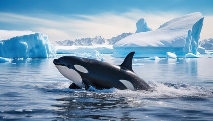 Groups of Orcas or killer whales swim and hunt for prey, the top of the food chain in a sea of ​​ice floes