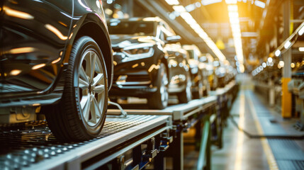 Fototapeta premium A car production line with cars on the assembly belt in the factory