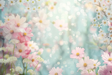flowery background, beautiful spring flowers in pastel colors on bokeh background, pink and white cosmos and daisies, soft blue background, photorealistic // ai-generated 