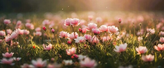 Beautiful spring meadow with pink blooming flowers at sunset