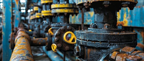 Rusted pipe network in a factory, featuring black and yellow valves, with a background of blue and...