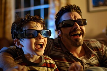 A father and son with 3D glasses on experiencing a 3D movie on their home television with excitement visible on their