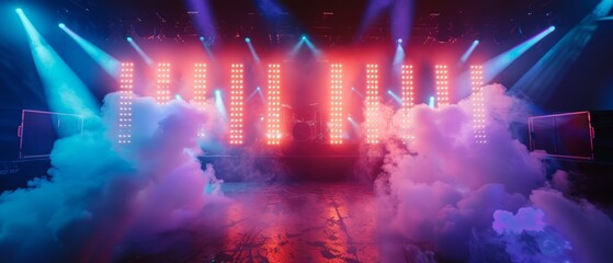 Stage with vibrant neon lights and swirling smoke, perfect for highenergy performances