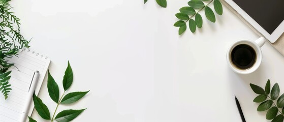 Stylish flat lay with a notepad, coffee cup, tablet, and green leaves on a white background, ideal for creative or office settings - Powered by Adobe
