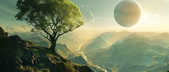 Sunlight streaming through a tree on a mountain top, illuminating green valleys and hills, with a large planet in the sky, blending fantasy with science - Powered by Adobe