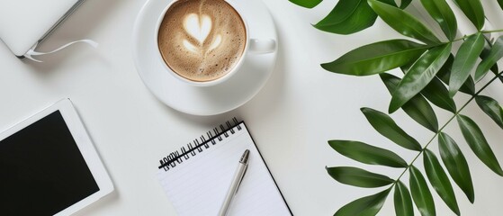 Top view of a notepad, coffee, tablet, and green leaves on a white desk