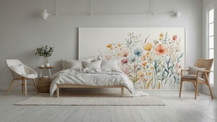 interior of a bedroom with nature wall mural