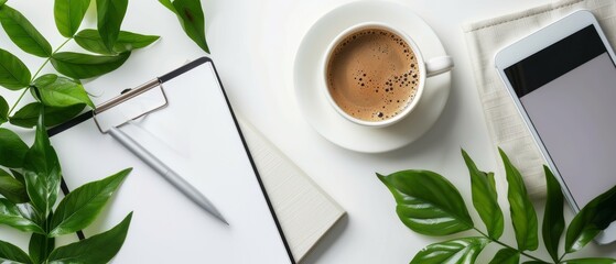 Top view of a tidy workspace with a notepad, coffee cup, tablet, and green leaves on a white background, perfect for business visuals